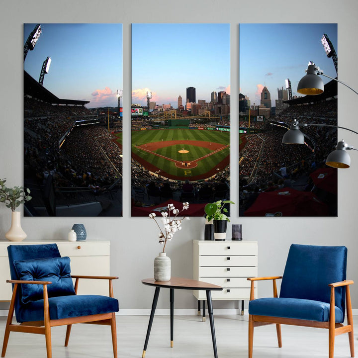 The PNC Park Evening Game Canvas, featuring a skyline backdrop, is displayed on the wall.