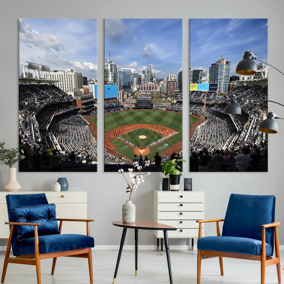 The San Diego Padres Baseball Canvas Print of Petco Park enhances the modern kitchen-dining area.