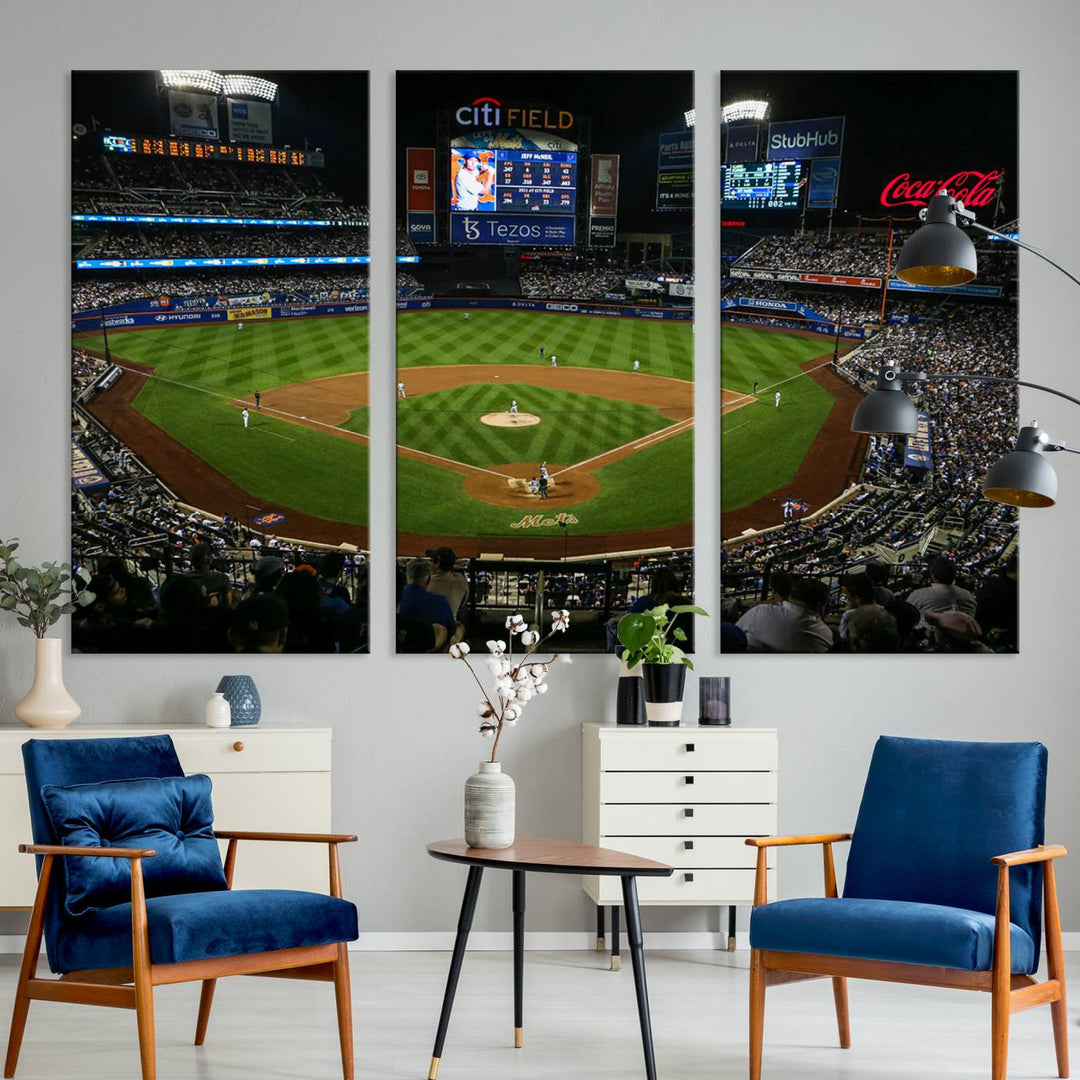 A print of the Oakland Athletics game at RingCentral Coliseum hangs on the wall.