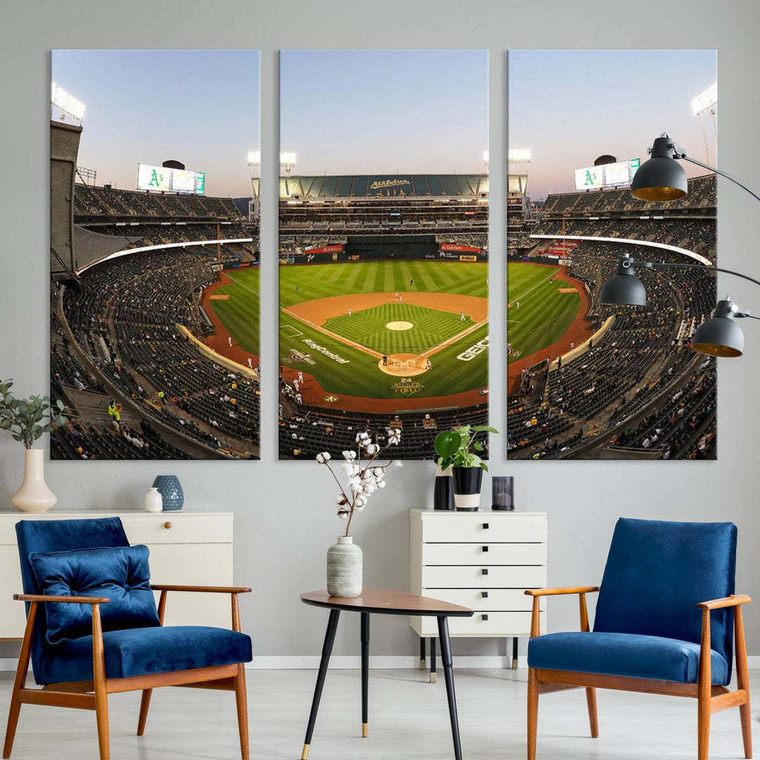 Oakland Athletics wall art canvas featuring the interior of RingCentral Coliseum Stadium.