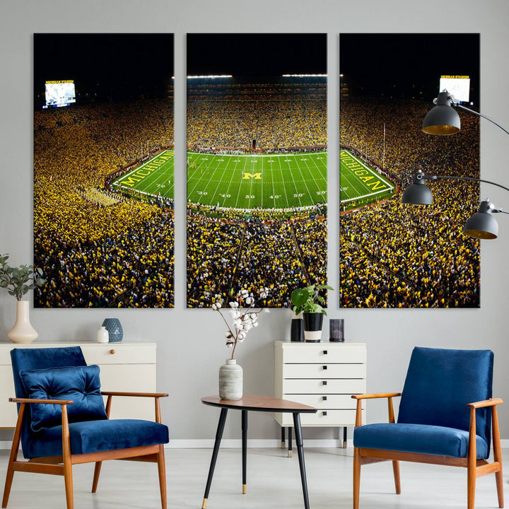 Aerial view of Michigan Stadium night game, ideal for Michigan Wolverines Football Team displayed on a triple canvas wall art.