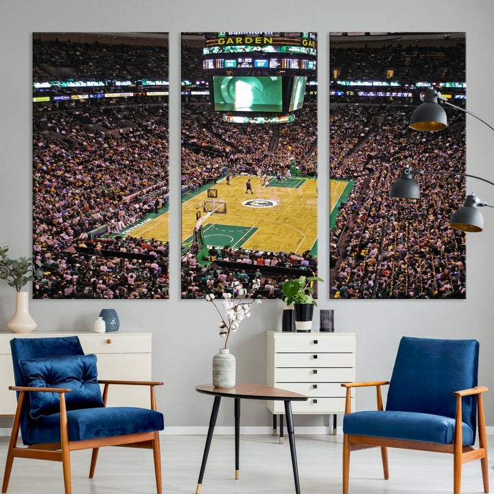 A vibrant depiction of a TD Garden basketball game is beautifully captured in the Boston Celtics Triple Canvas Wall Art, which comes framed and ready to hang.