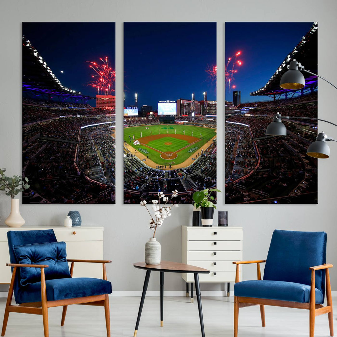 Truist Park wall art: fireworks over a Braves crowd, a large 3-panel canvas, framed and ready-to-hang.