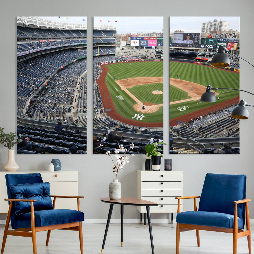 Aerial view of Yankee Stadium filled with fans, showcased on a New York Yankees Stadium Wall Art Canvas Print.