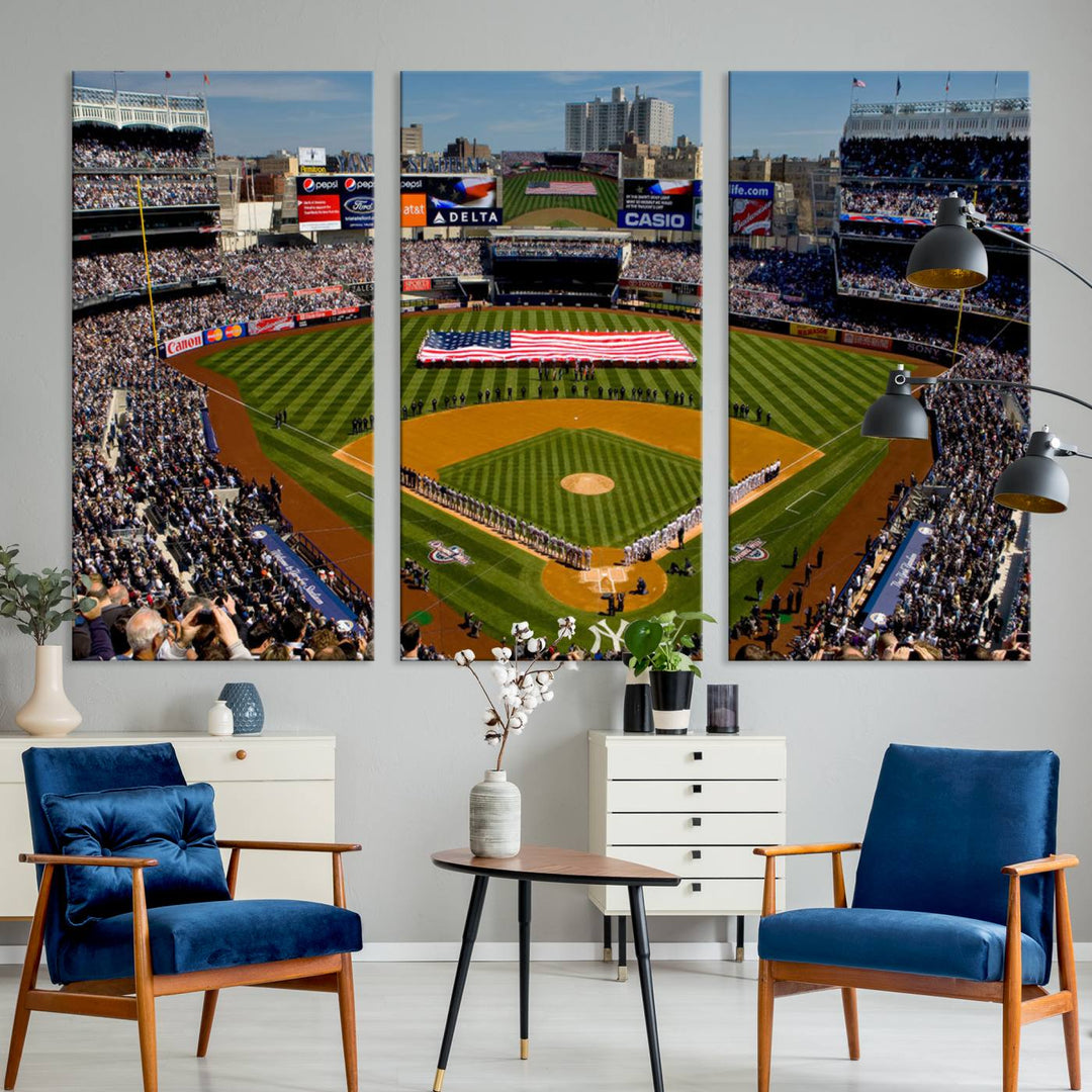 The Yankee Stadium New York wall art print features a vibrant scene of baseball fans with a large flag and players, expertly capturing the spirit of the game. This ready-to-hang décor is perfect for adding a dynamic touch to any space.