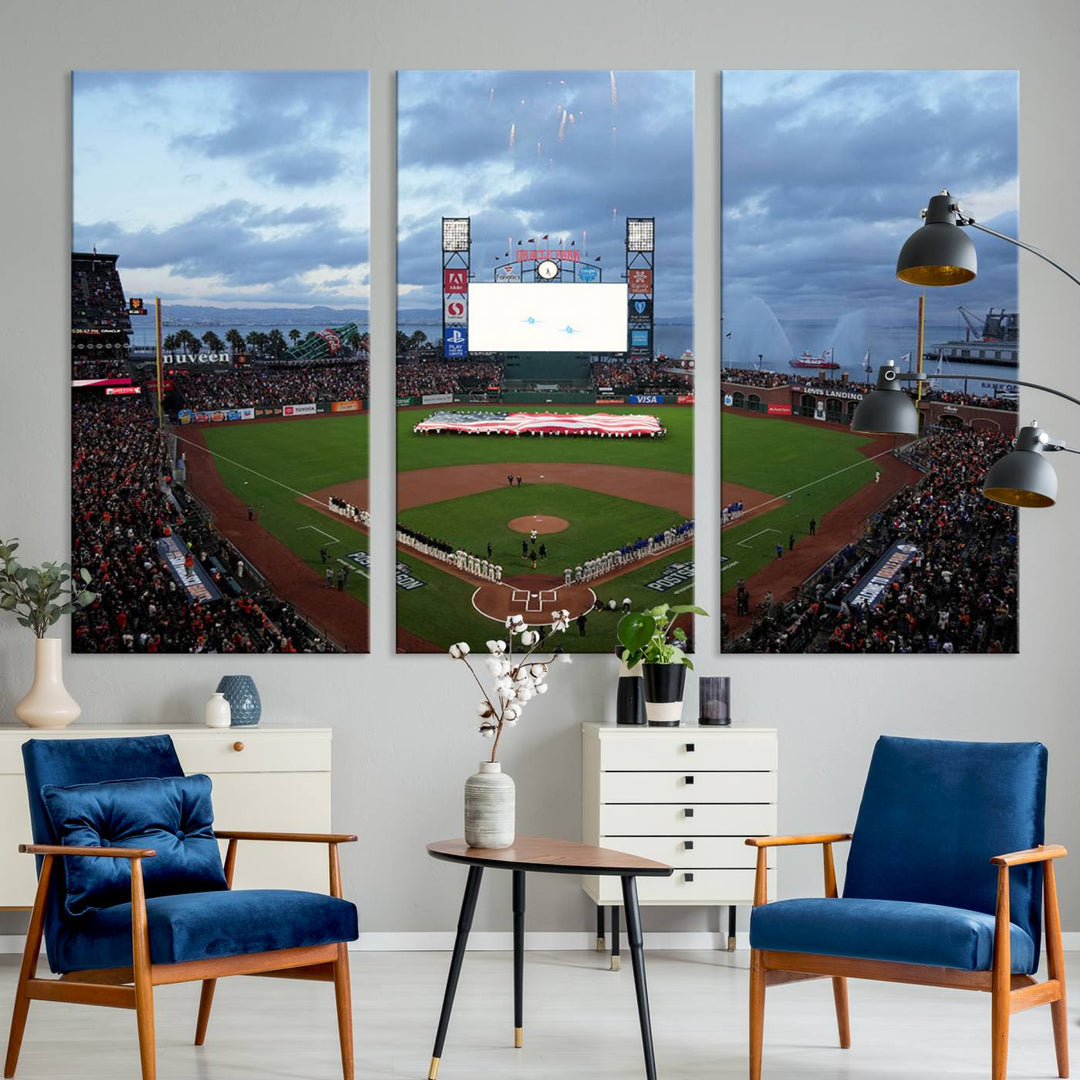 This framed 3-panel canvas MLB wall art features a giant flag and fans under a cloudy sky at Oracle Park.