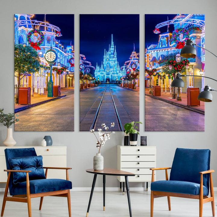 Disney wall art featuring a fantasy castle street at night.