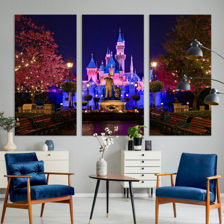 The Castle Large Wall Art is surrounded by illuminated trees at night.