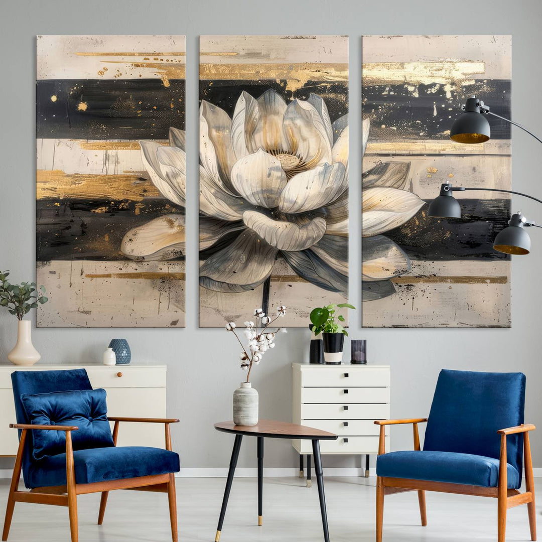 The wall is adorned with an Abstract Lotus Flower Wall Art Canvas Print.