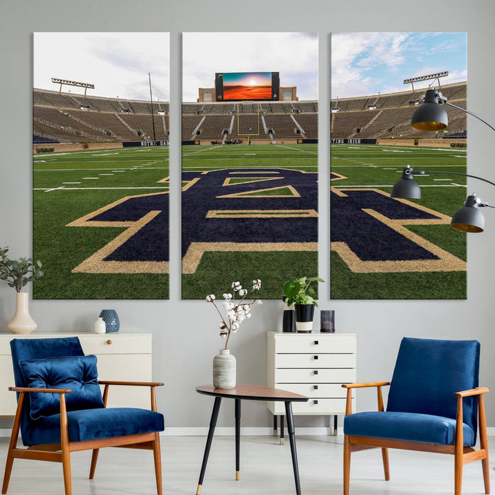 Notre Dame Stadium Triptych: This ready-to-hang giclee canvas print features a vibrant depiction of the football field adorned with an A logo and a stunning sunset.