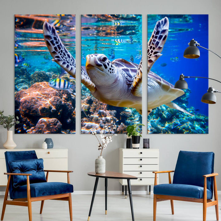 The Underwater Sea Turtle Wall Art Canvas Print serves as vibrant ocean décor, enhancing the kitchen with its stunning depiction.