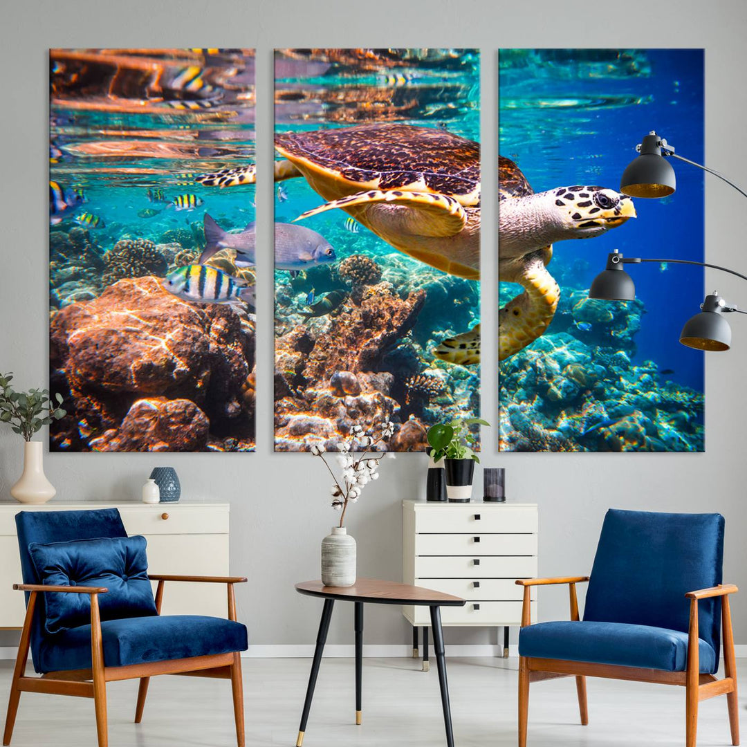 A Sea Turtle Wall Art Canvas Print features a colorful turtle swimming among coral. This artwork is ready to hang.