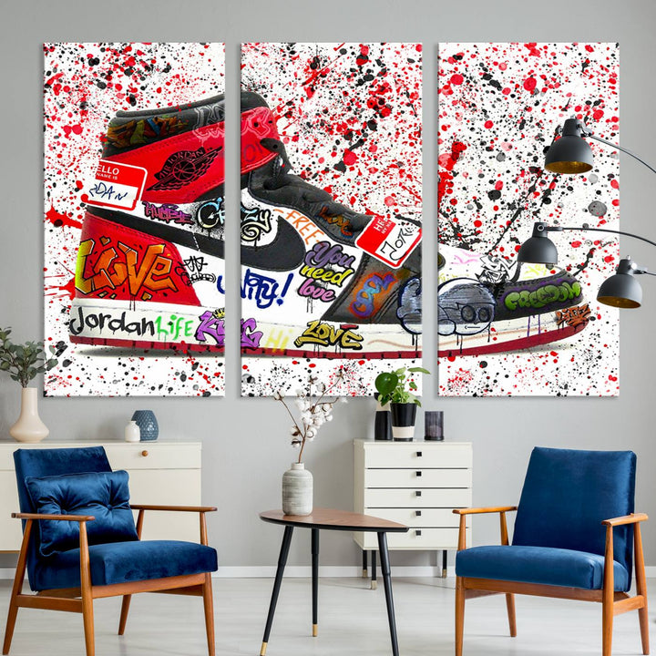 A Jordan Shoes Graffiti Canvas Print hangs prominently, perfect for sneakerheads and urban art lovers.