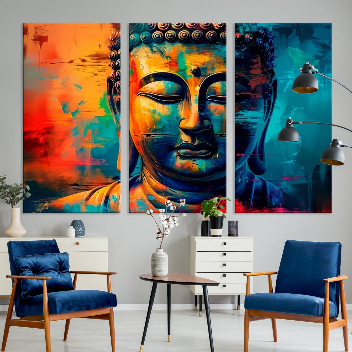 A vibrant, abstract artistic rendition of a Buddha statue face, blending bold and contrasting colors to evoke a sense of peace, spirituality, and enlightenment.