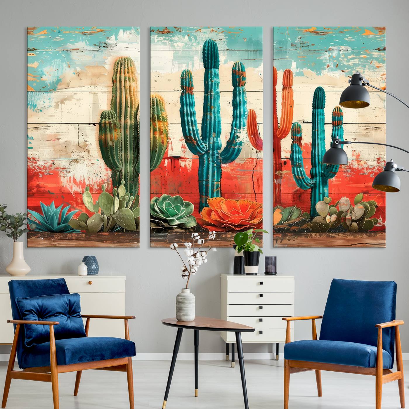 A vivid southwestern-style artwork featuring an eclectic mix of cacti and succulents painted against a textured, rustic wood backdrop in rich turquoise, red, and orange hues.