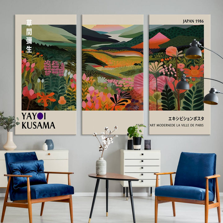 Yayoi Kusamas Landscape Canvas Print with vibrant floral mountain art adorns the wall.