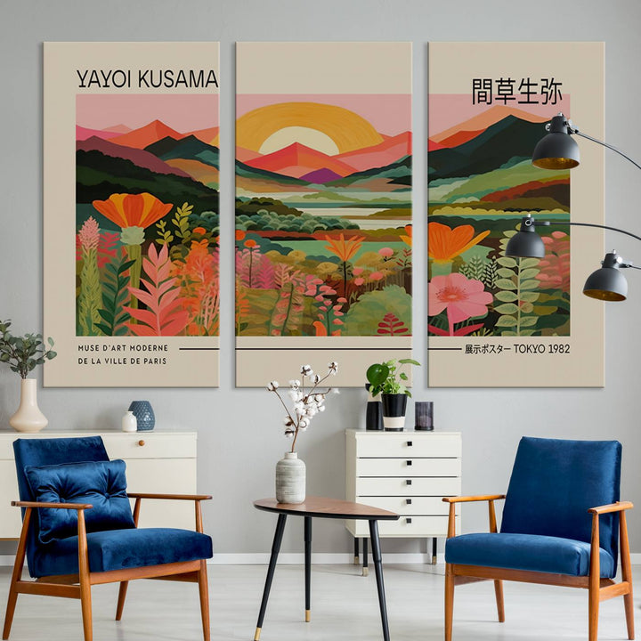 A Yayoi Kusama landscape print and an antique world map enhance the dining area.