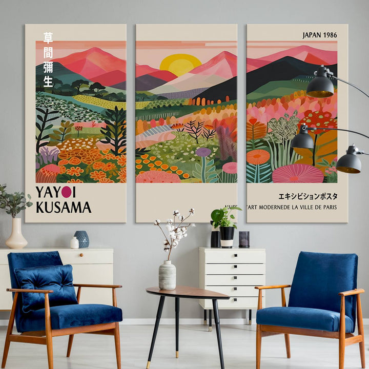 The wall art includes a vintage world map and Yayoi Kusamas colorful landscape.