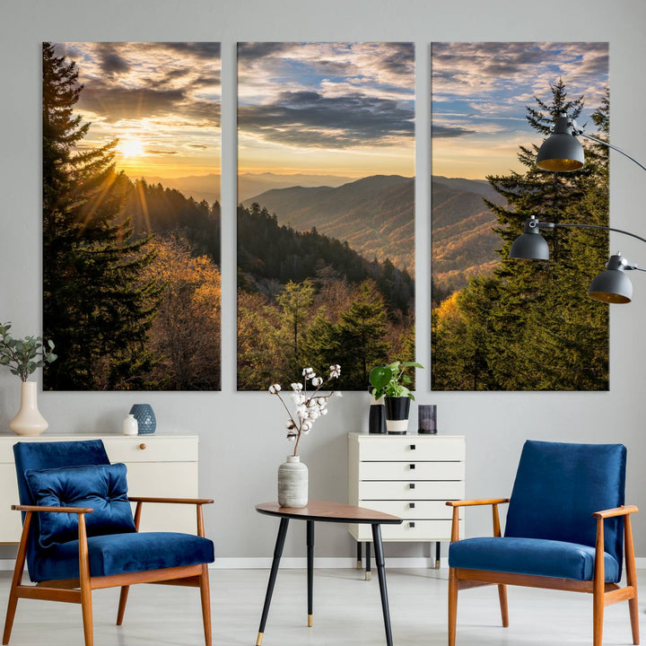 The dining area is beautifully decorated with the Sunrise Over the Smoky Mountains Canvas Wall Art – a breathtaking scenic landscape photography in a stunning triptych that's ready to hang.