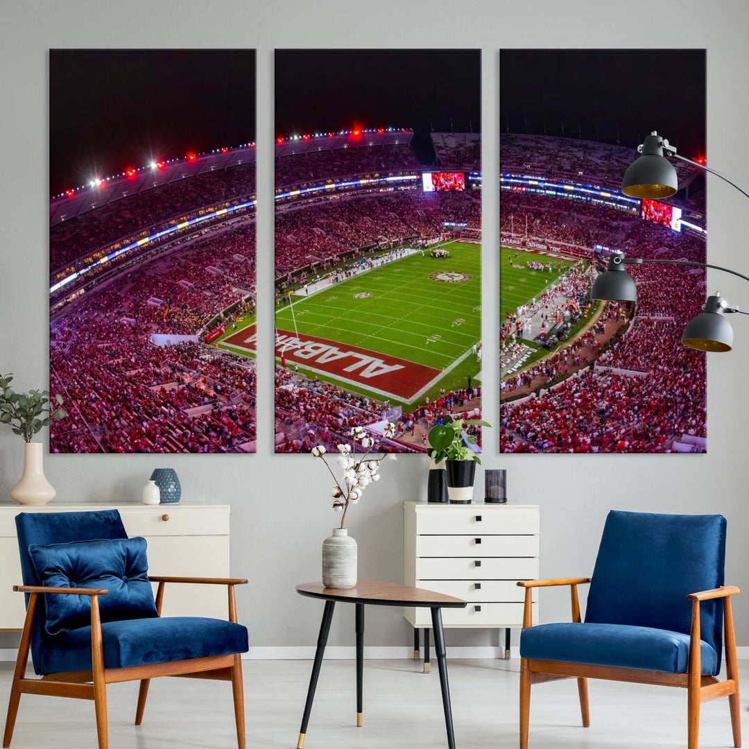 The living room features a Bryant-Denny Stadium Night Game Triple Canvas Wall Art.