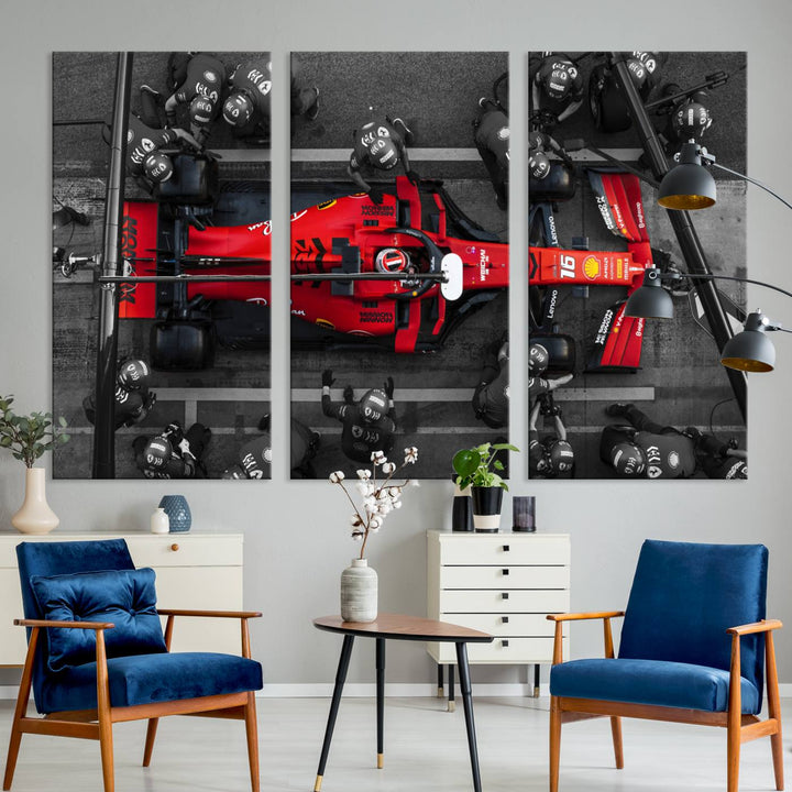 The Ferrari Pit Stop Canvas Wall Art features bold motorsport imagery that captures the precision and speed of Formula 1.