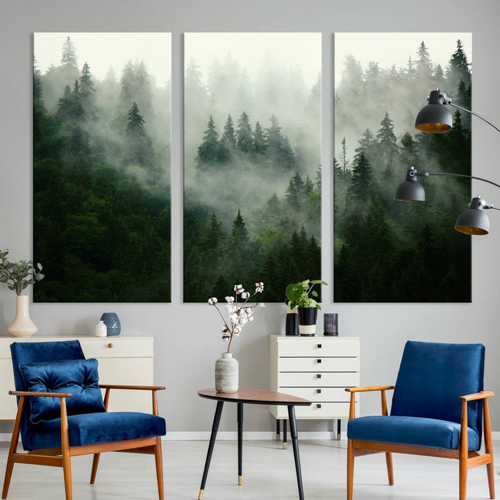 The Misty Forest Wall Art Canvas Print captures a serene, foggy evergreen landscape, evoking a mysterious woodland ambiance.