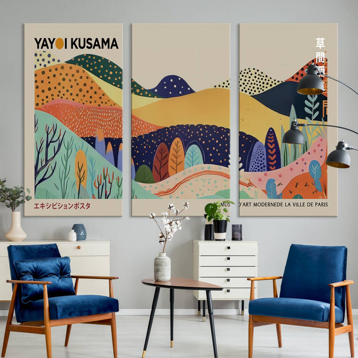 In a living room with contemporary décor, a vibrant abstract landscape by Yayoi Kusama from 1986 is prominently displayed.