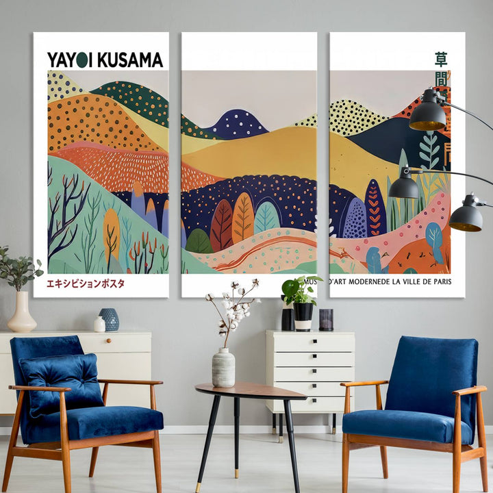 A triptych featuring the Framed Yayoi Kusama 1986 Wall Art Print hangs above. This Japanese Wabi Sabi inspired piece, rich in vibrant abstract landscapes, adds an elegant touch to any nature-inspired décor.