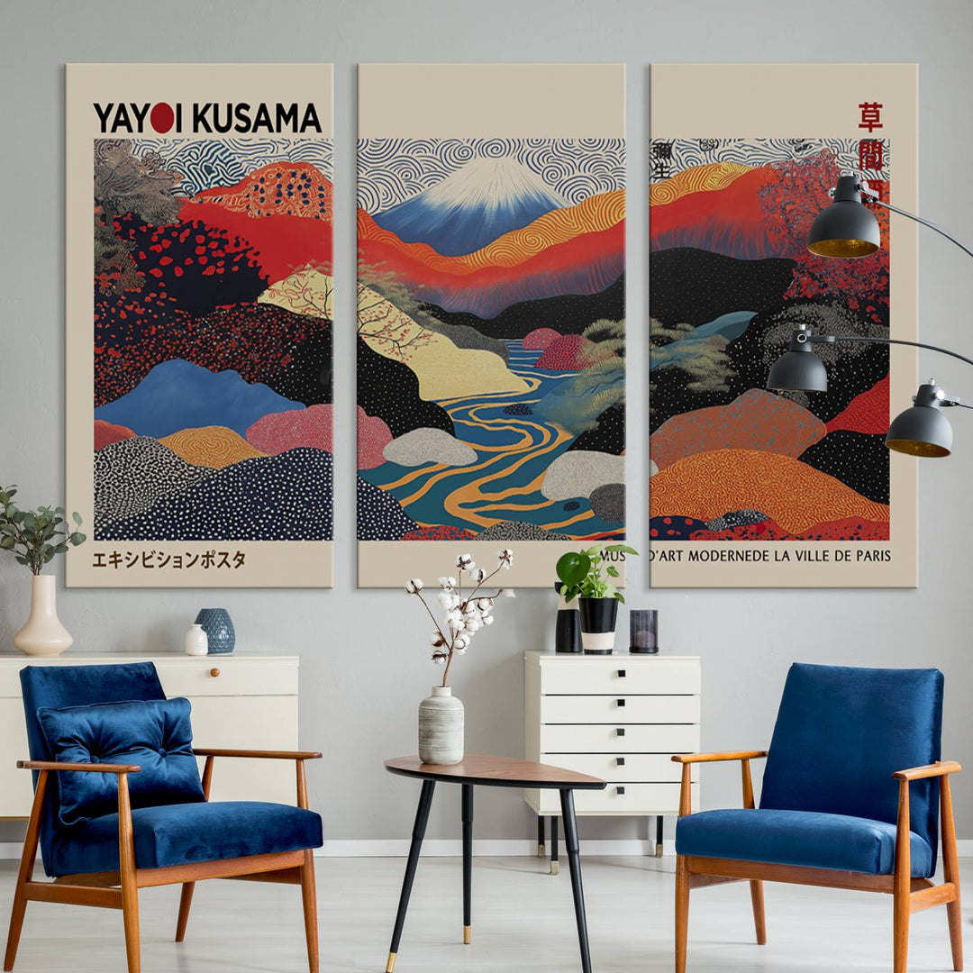 The room showcases Kusamas 1986 vibrant abstract landscape wall art print.