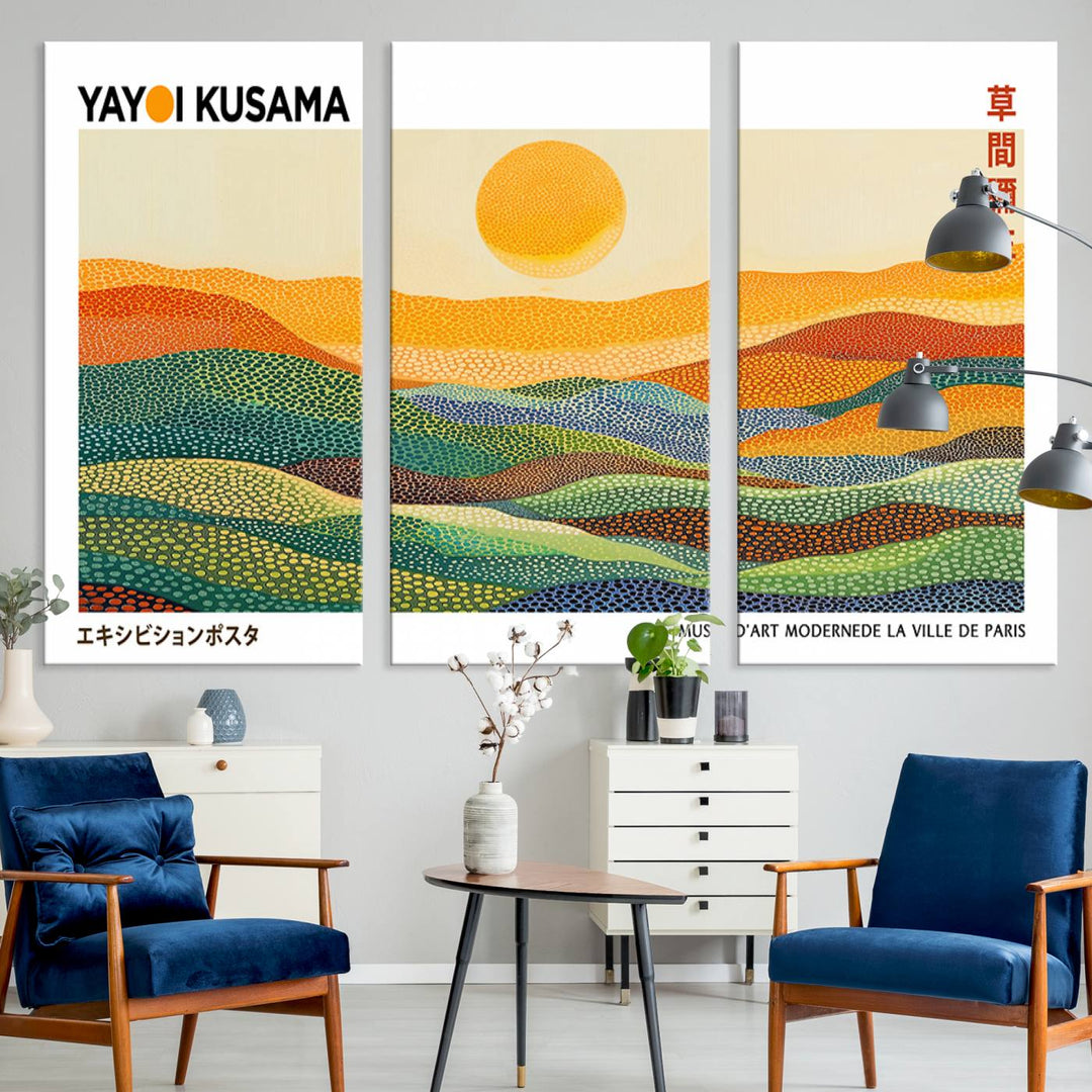 Framed Yayoi Kusama 1986 Wall Art: A vibrant abstract landscape featuring Wabi Sabi hills and a sun, created by the Japanese artist.