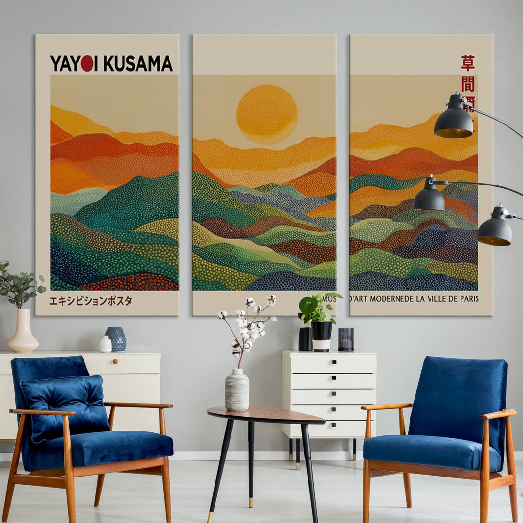 The vibrant abstract landscape depicted in the three-panel "Framed Yayoi Kusama 1986 Wall Art Print" seamlessly integrates nature-inspired décor.