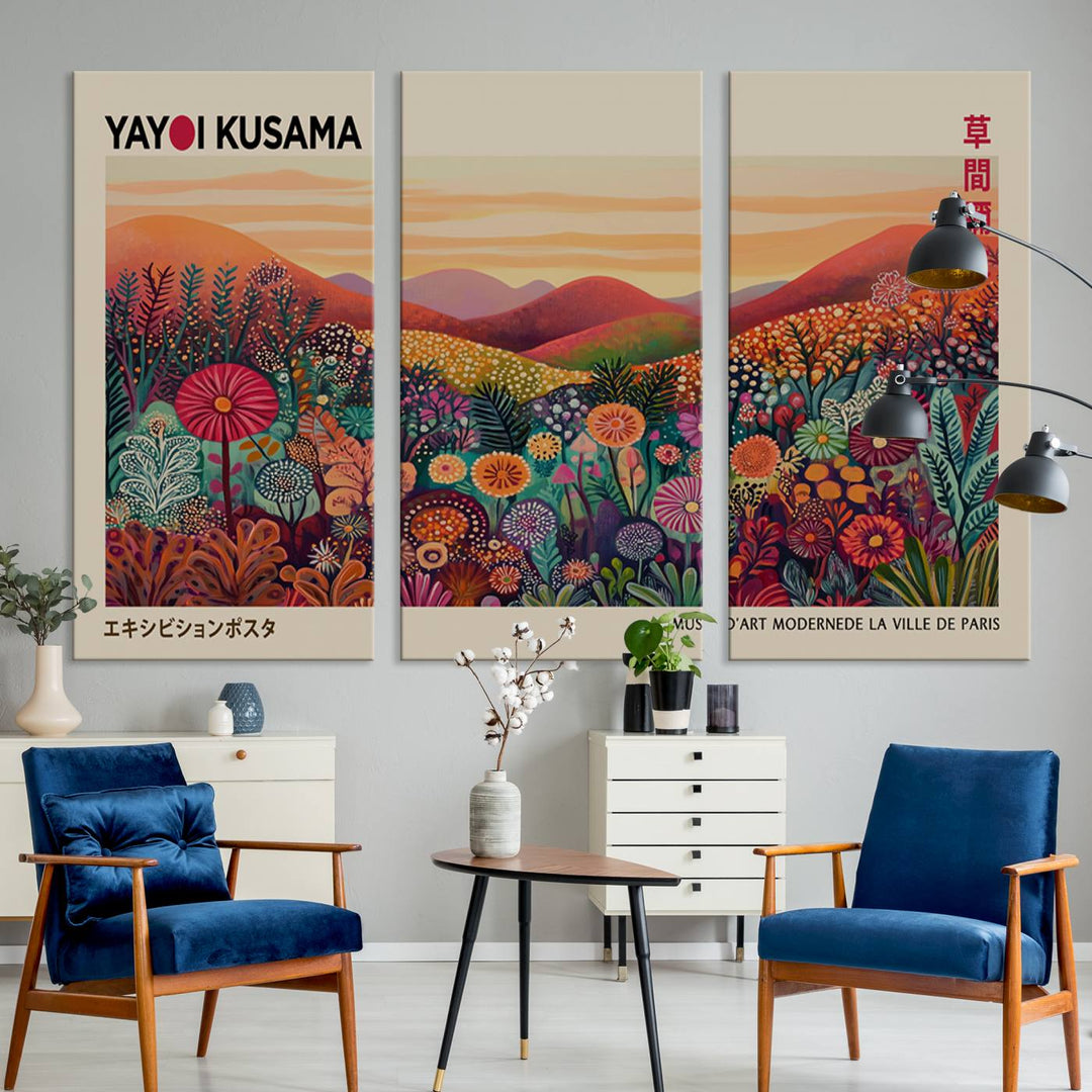 A framed Yayoi Kusama abstract landscape art print adorns the wall.