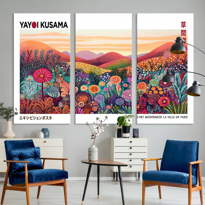 A Framed Yayoi Kusama 1986 Wall Art Print, showcasing a vibrant abstract landscape with flowers and reflecting the Wabi Sabi style, is displayed.