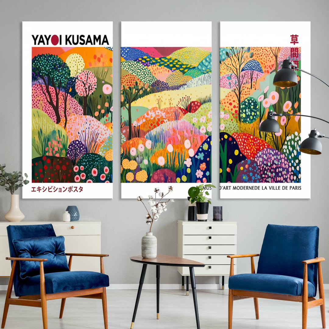 Three vibrant, abstract Yayoi Kusama wall art prints adorn a black wall, creating a perfect blend of contemporary décor.