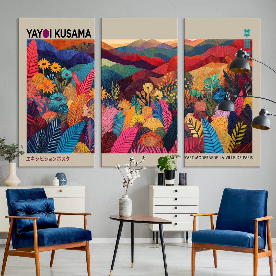 A Yayoi Kusama 1986 wall art print adds color in a modern living room.