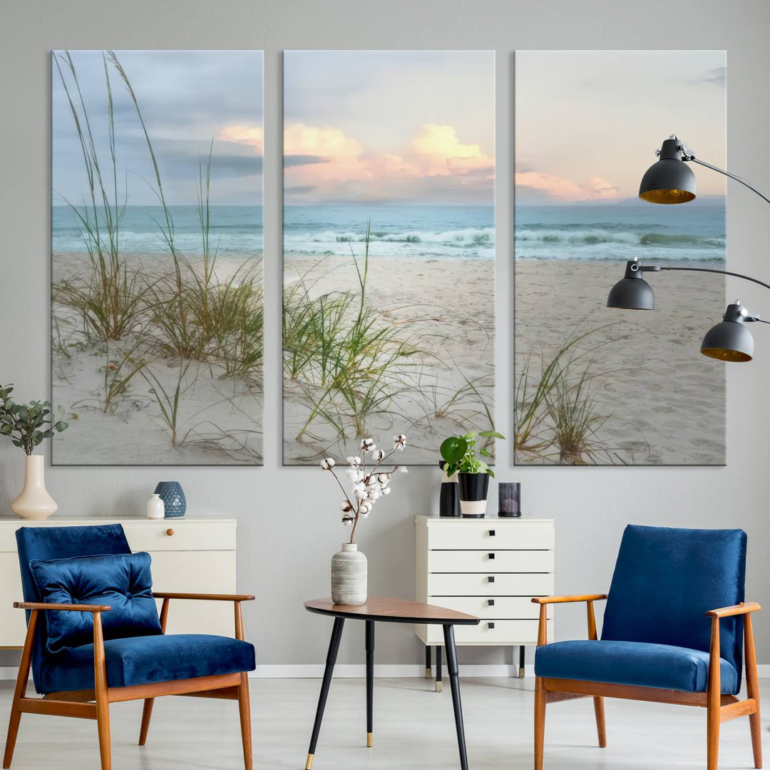 Flight Over Coastal Beach print on UV canvas displayed against white walls.