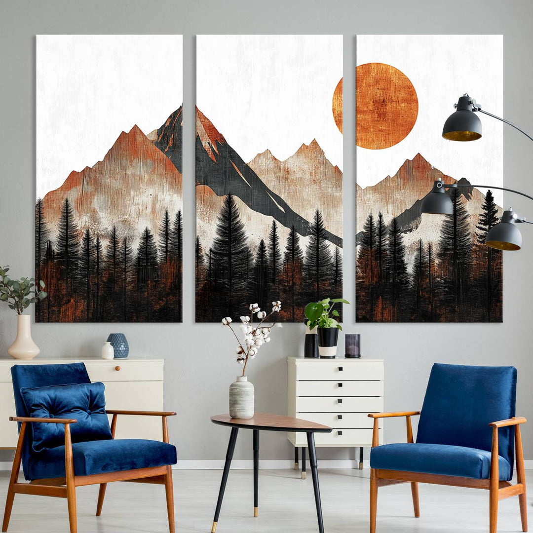 The "Modern Abstract Mountain Canvas Wall Art Print" in the living room features an abstract landscape of mountains, trees, and a warm-toned sun.