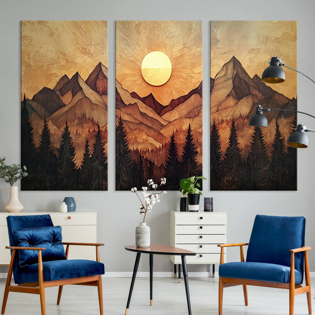 A contemporary living room features the Wood Style Abstract Mountain Sunset Canvas Wall Art Print on the wall, adding warmth and a nature-inspired touch to the decor.