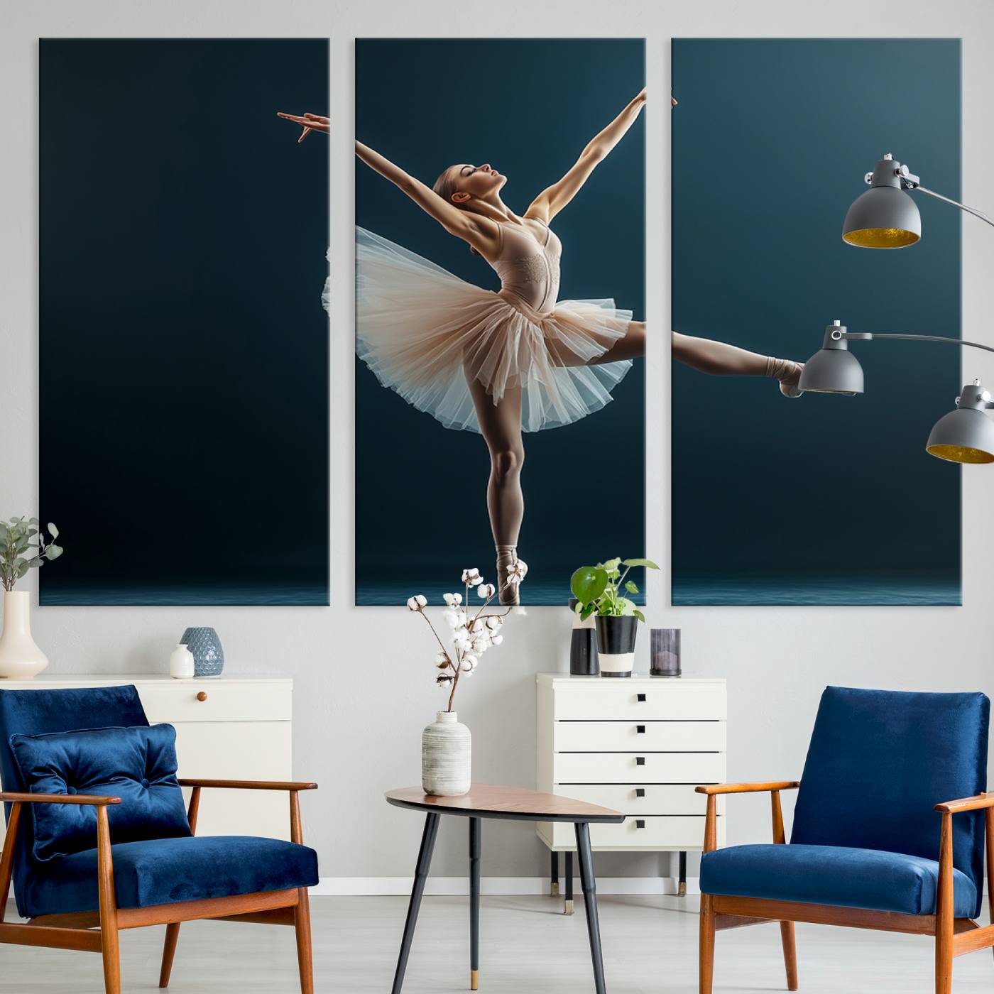 An elegant ballerina captured mid-pose on pointe, radiating grace and strength in a perfectly lit studio setting, her tutu fanned out in delicate symmetry.