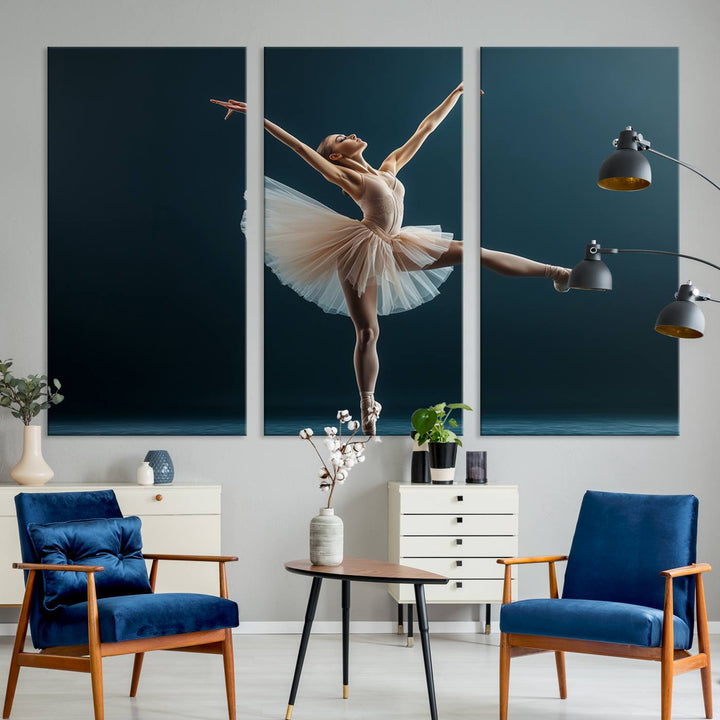 This stunning Ballerina Canvas Wall Art Print captures the elegance of a ballet dancer in motion, beautifully highlighted against a stage-like backdrop with delicate decor and natural elements. As graceful dance-inspired wall decor, it adds an element of grace and movement to any living room, office, or bedroom and is ready to hang.