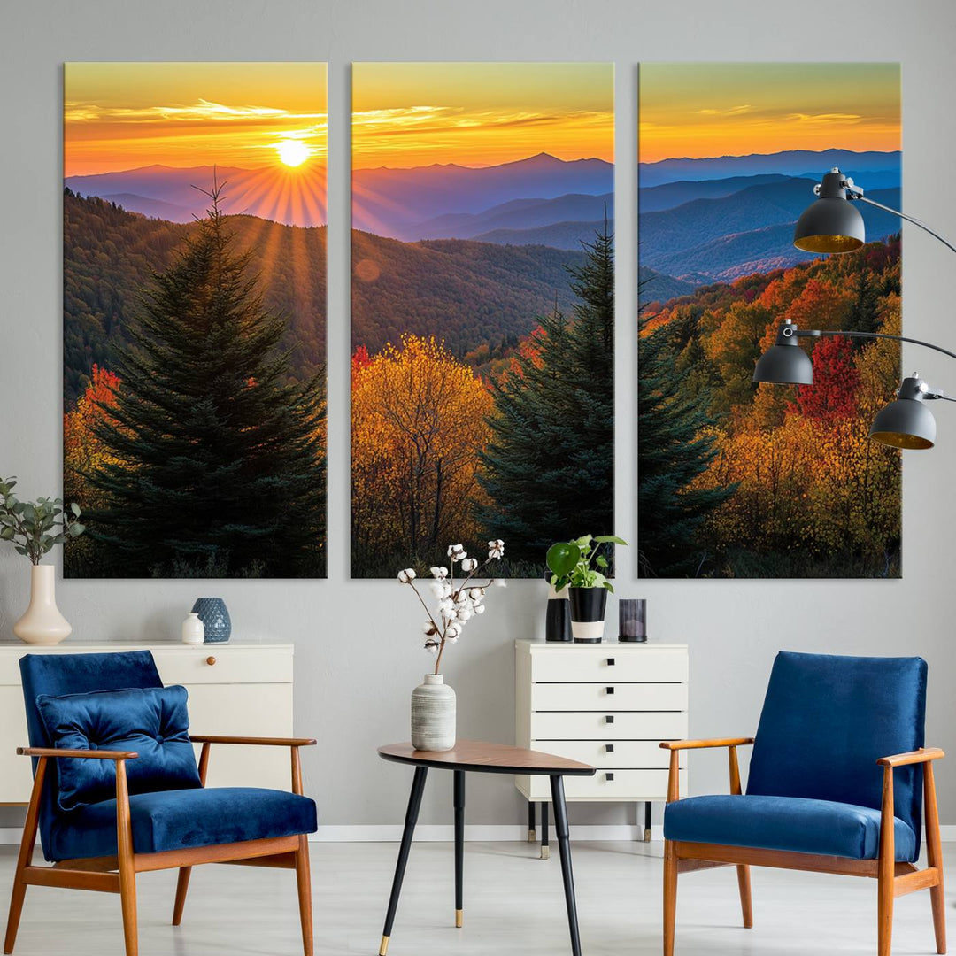 Golden Sunset Over Mountain Forest Canvas Wall Art Print - Warm Nature-Inspired Landscape for Living Room, Dining Room, or Office, Ready to Hang