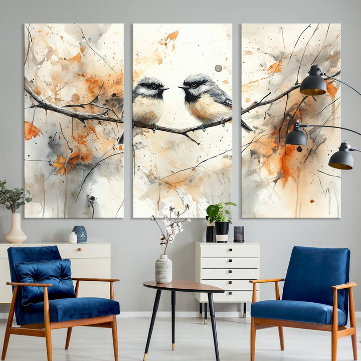 Abstract Watercolor Chickadee Bird Canvas Wall Art Print - Large Bird and Branch Wall Art, Modern Wildlife Wall Decor