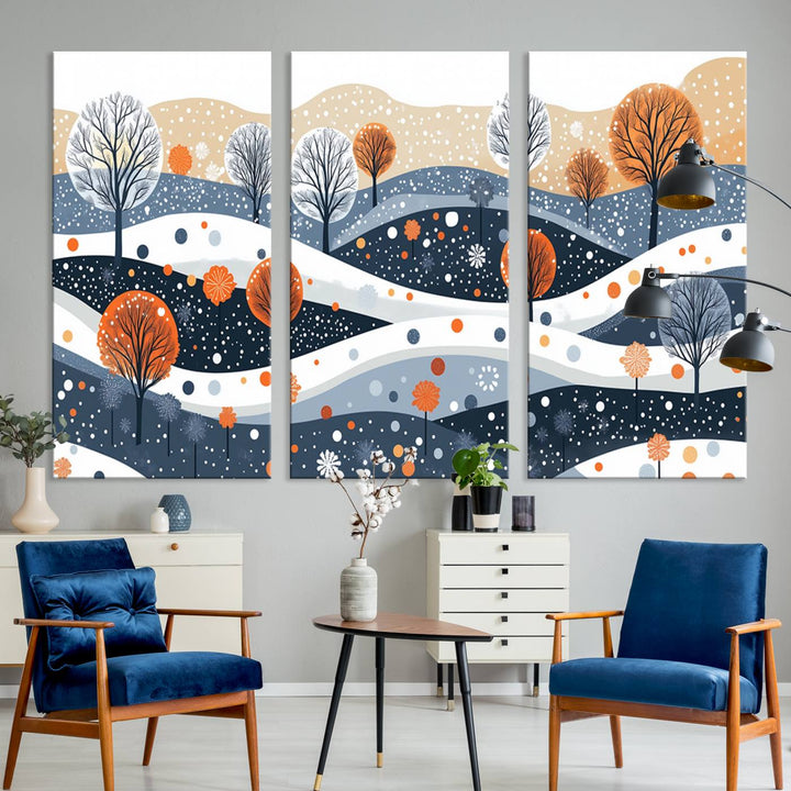 The "Abstract Winter Landscape Canvas Wall Art Print," featuring a triptych of landscapes with trees and hills in vibrant orange, white, and blue hues, adds a gallery-quality finish that transforms the space into an art lover's dream.