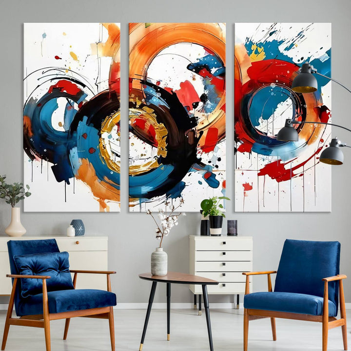 The Abstract Wall Art Rings Canvas Print, with its bold and colorful circular strokes, adorns the wall, epitomizing contemporary design.