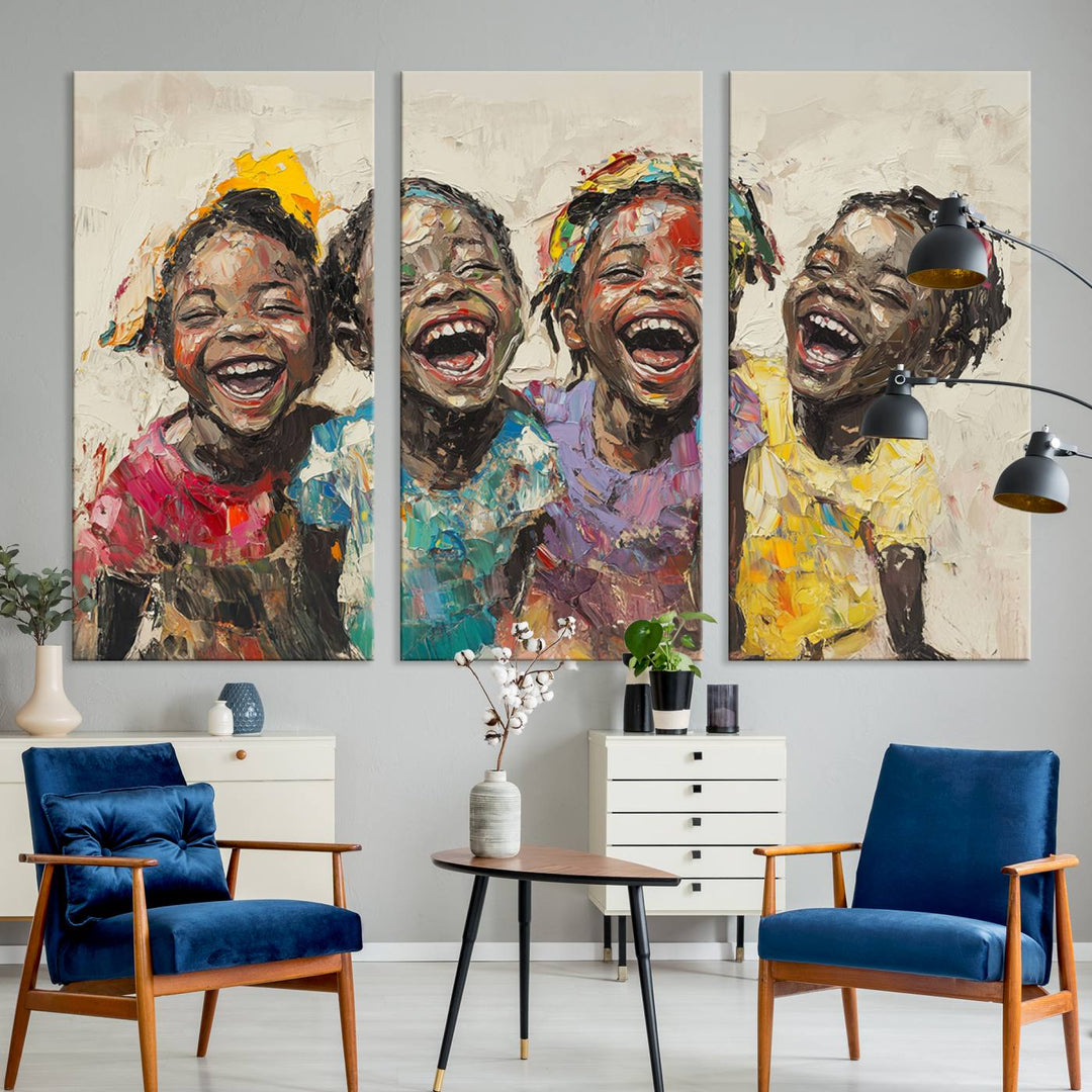 The Shai Yossef style "Joyful Childhood Canvas Wall Art" beautifully depicts an expressive impasto painting of three cheerful black children laughing, capturing the joyous essence of childhood.