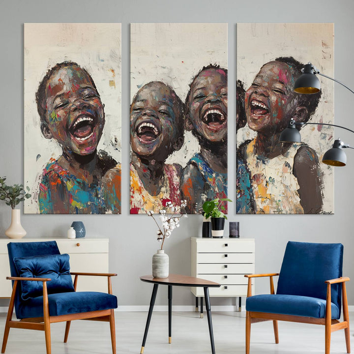 This Shai Yossef Print - Joyful Childhood Canvas Wall Art is an expressive impasto painting of laughing children. As framed abstract art for your living room, it adds a touch reminiscent of Shai Yossef's unique style to any living space.