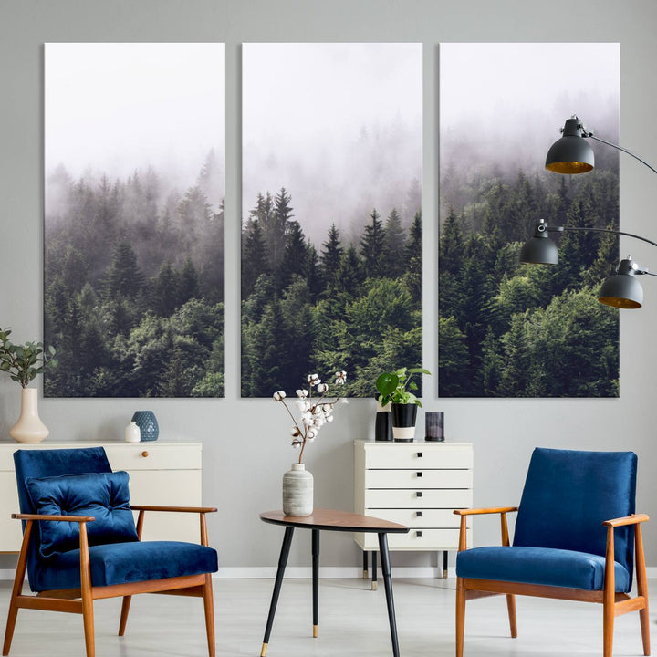 A serene triptych nature print featuring a misty forest, perfect as wall art.