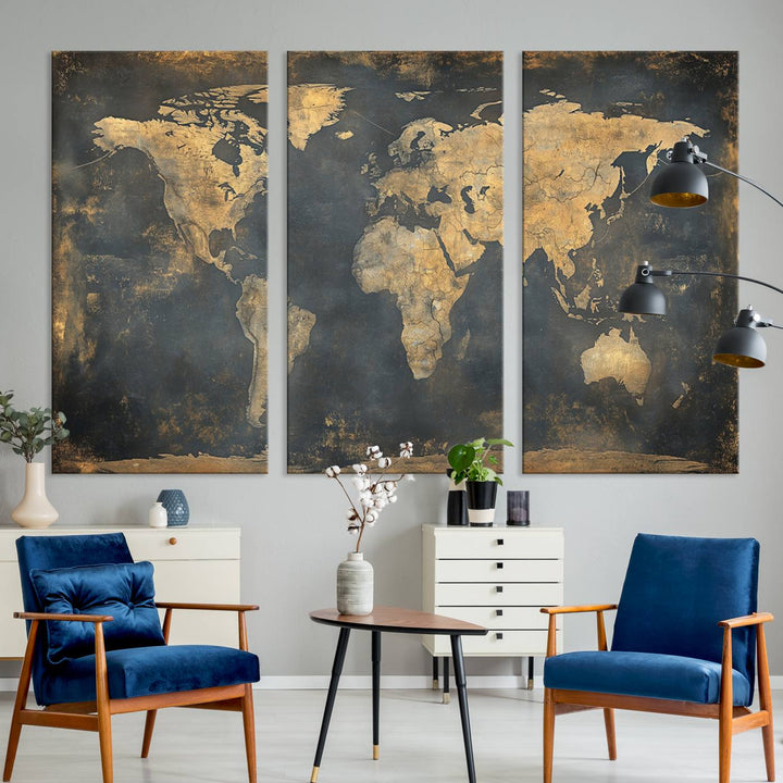 Grunge World Map Canvas Wall Art - Vintage Aged World Map with Golden Tones, Framed Artwork for Living Room, Office, or Study Decor