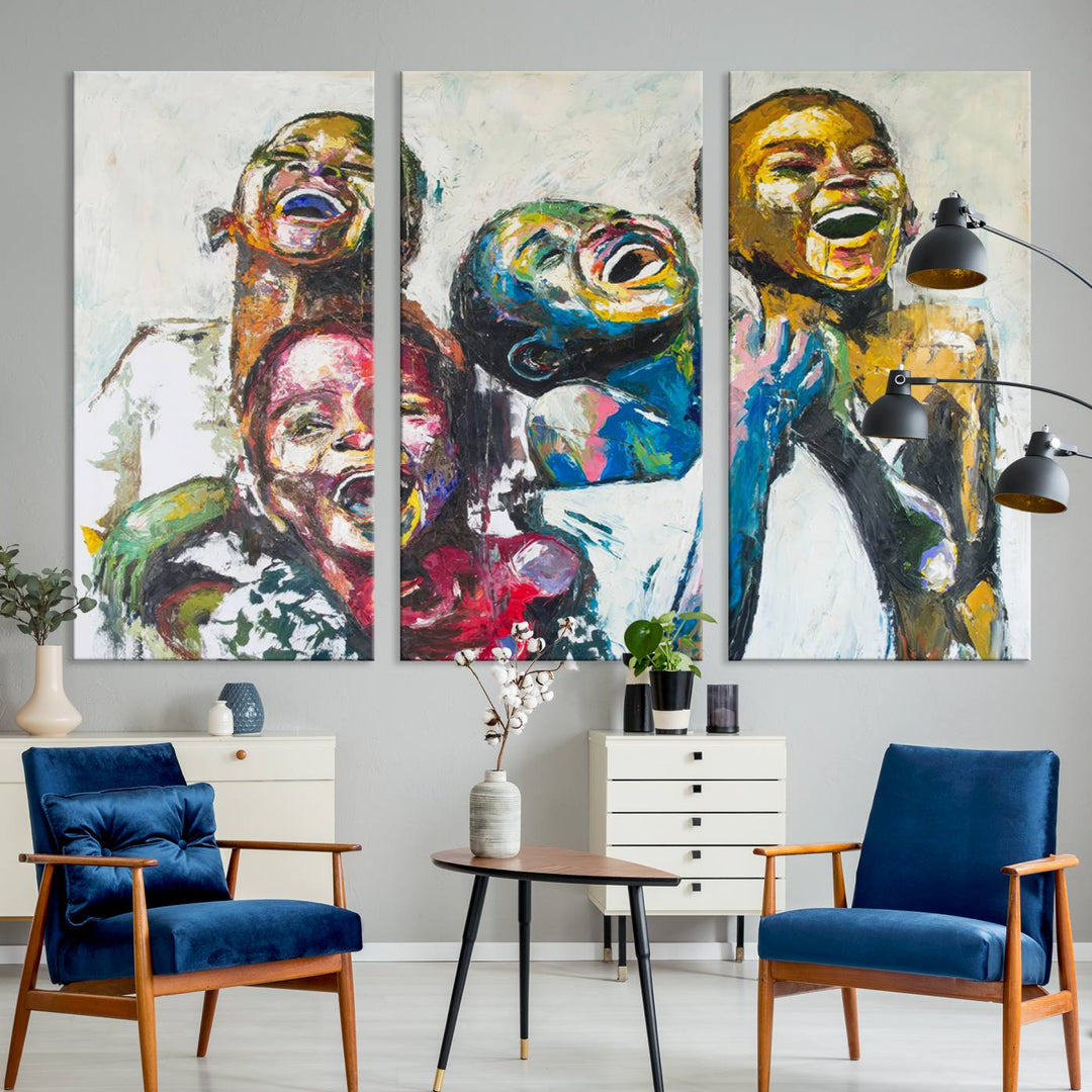 A multi-panel decor piece titled "Joyful African Black Kids" by Shai Yossef features a vibrant impasto painting of four children laughing and is elegantly displayed as premium canvas wall art.