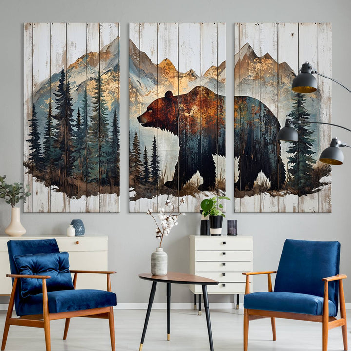 The Rustic Grizzly 399 Bear and Mountain Wood Canvas Wall Art elegantly depicts a majestic bear in a pine forest with mountain silhouettes, expertly framed on distressed wooden panels. This nature-inspired piece infuses charm and warmth, serving as perfect cabin wall decor.